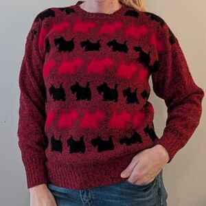Wallis | Vintage 100% Wool Knit Scottie Dog Terrier Sweater, Red Size M